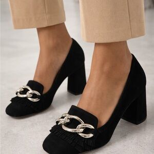 Miu Miu Black Suede Block Heel Loafers with Silver Chain